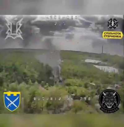 A Ukrainian FPV pilot attacks a Russian 2S19 "Msta-S" 152-mm self-propelled howitzer. 
