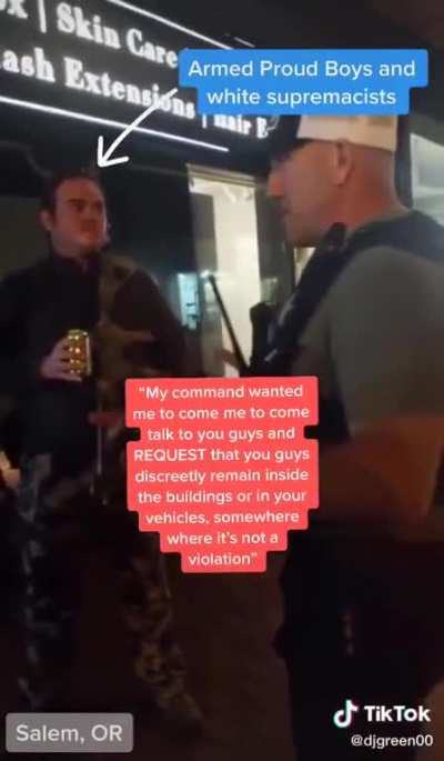 Police Officer Tells Proud Boys to Hide Inside Building Because They're About to Tear Gas Protesters. the Officer Said He Was Warning Them "Discreetly" Because He Didn't Want Protesters to See Police "Play Favorites."