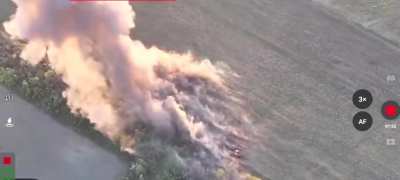 Ukrainian kamikaze drone destroys a Russian BM-21 Grad "Hailstorm" by Vilshana, Kharkiv Oblast. May 2024 (at 49.7748, 37.8748)