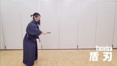 Samurai shows various sword techniques