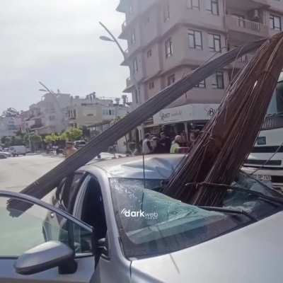 Rebar slid off a braking truck and pierced a car in Antalya — miraculously, no fatalities.