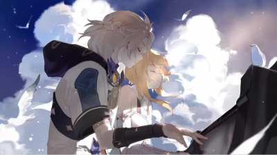 Stairway to heaven? I'll take the elevator! - Albedo &amp;amp; Lumine Wallpaper (art by @Jotto75)