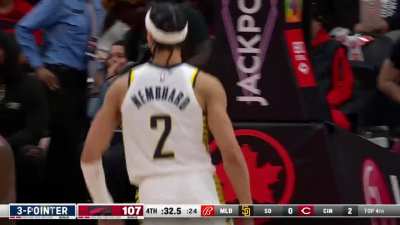 [Highlight] Andrew Nembhard buries the DEEP step back dagger 3 over Siakam! He finished the game with 25 PTS and 10 AST.