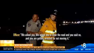 California Highway Patrol handcuffs firefighter for protecting lives
