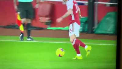 VAR reviews Bruno Fernandes tackle. Verdict: No card