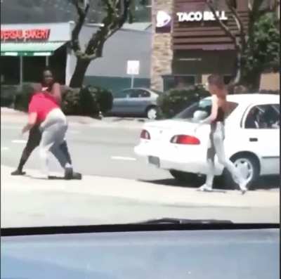 Dumb bitch gets her face smashed for smashing a car window