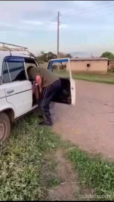 Officer: Sergei Ivanovich, take Natasha (wife) out of the car carefully Man: Come on, get the fuck out BITCH!