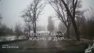 It is reported that in the temporarily occupied Donetsk, a Russian invader, driving military equipment, once again collided with a civilian car.
