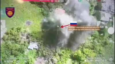 Drone footage of a Russian soldier caught in the explosion of a Ukrainian bomb drop on his hideout. The force of the impact catapults him about 20-30 meters into the air.