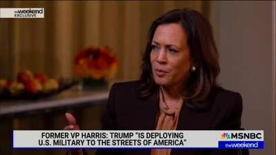 Kamala Harris: "And he [Trump] said it, to attack the enemy within [...] Here in Chicago I'm told the helicopters that were descending on an American city were Black Hawks. Do you know what Black Hawks were designed to do? War. So I think everyone can dra