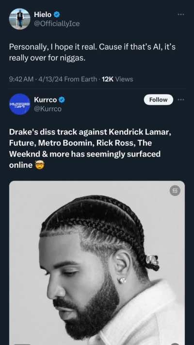 The fact that no one is able to 100% verify whether this Drake diss is real or AI is hilarious&hellip; 😂
