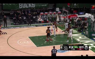 [Highlight] Refs watch a Huerter 3 point attempt bounce over the backboard. No call leads to a Bogdanovic 3.