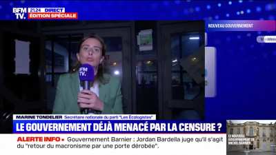 21 septembre 2024, BFMTV : Marine Tondelier r&eacute;pond &agrave; un journaliste qui lui demande si le NFP n'a pas une part de responsabilit&eacute; dans la nomination du nouveau gouvernement