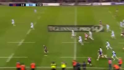 6ft 4, 235lbs Duhan Van Der Merwe shows scary speed for his intercept try.