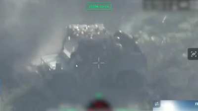 Russian soldiers in a Desertcross "golf kart" gets hit with Ukrainian machine gun fire. May 2024