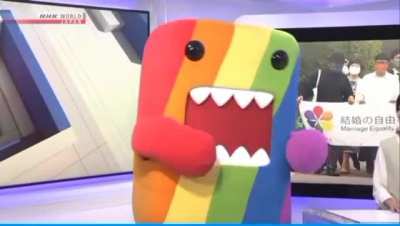 "Rainbow" Domo-kun (NHK World-Japan's official mascot) on Newsline in Depth (10/12/22) 🌈
