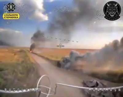 FPV pilots of the Ukrainian 109th Territorial Defense Brigade "MURAMASA" attack several Russian armored vehicles. (including a BREM armored recovery vehicle, an MT-LB, a 152-mm "Msta-S" self-propelled howitzer, and others) Pokrovske, Donetsk Oblast.