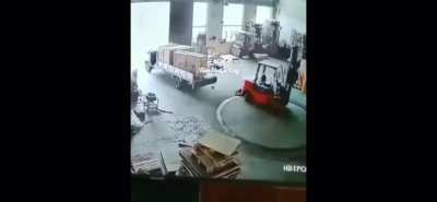 Again in China. Guy gets turned into a meat donut by his own forklift after jumping out of it to save his unloaded cargo.