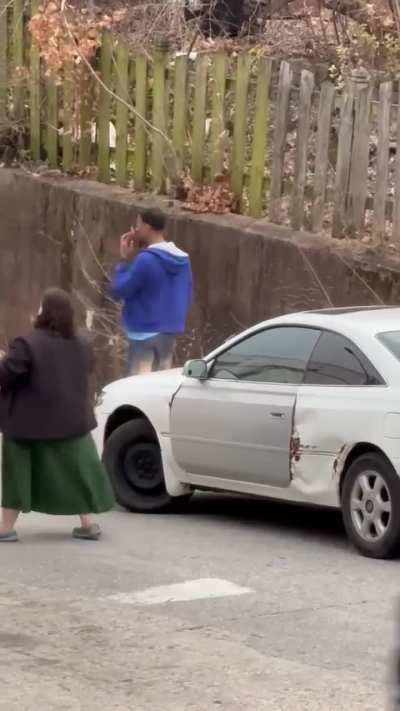 A car accident leads to shouting match between both drivers.