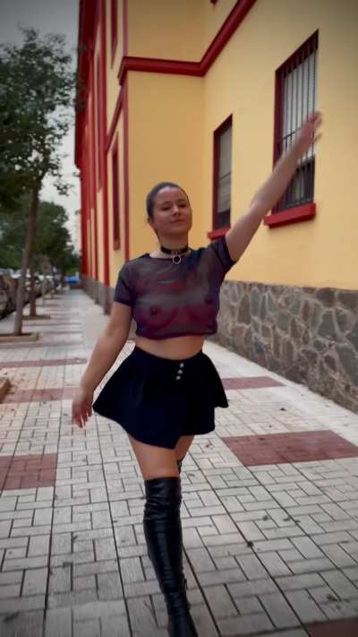 Sheer purple top & no bra. Would you stop and say hi?
