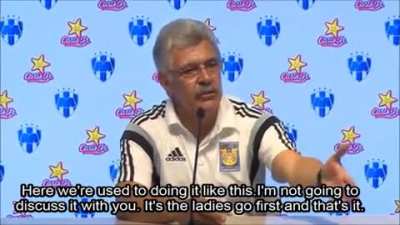 Soccer coach loses it when a male reporter questions his "ladies first" policy for press conferences