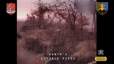 Ukrainian 65th Mechanized Brigade's 44th Battalion "Ronin" drone team targeted Russian infantry using FPV kamikaze drones, hitting several with close or direct hits