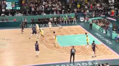 Fans started cheering during todays USA vs Brazil game and LeBron thought it was for him, but it was for gold medal French swimmer L&eacute;on Marchand in the crowd