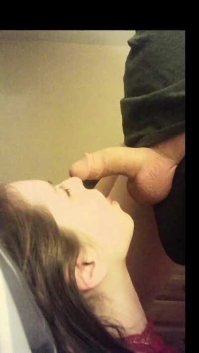 Submissive girl works that bulge to start a blowjob