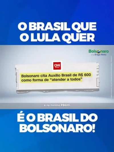 o TSE a pedido dos advers&aacute;rios bloqueou Bolsonaro a mostrar a esposa, bloqueou ele a mostrar o povo nas ruas ent&atilde;o o que os caras do marketing fizeram essa campanha chamada o Brasil que o Lula quer &eacute; o Brasil de Bolsonaro, ser&aacute; que v&atilde;o bloquear propaganda