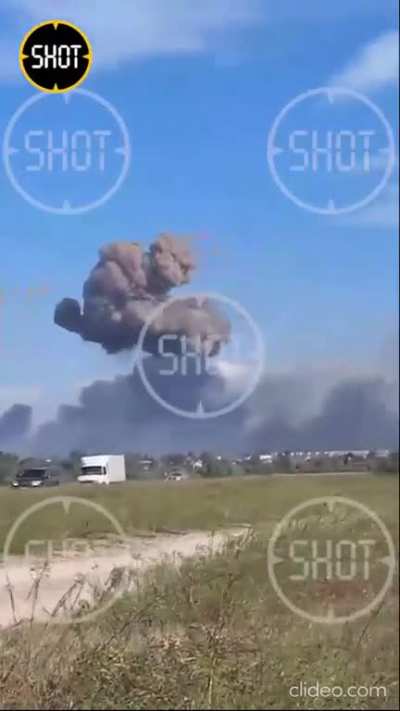 Compilation of videos of Russian military airfield in the Crimea on fire and exploding, 220+ km from the front line. Alleged attack of Ukraine Forces by unknown weapons