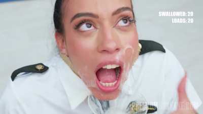 Slutty flight attendant gagging on cum