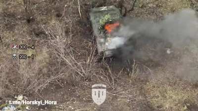 BMP-2 with a landing party was hit by an FPV, pilots of the 43rd OMBr found and finished off all the Russian landing party with drone dropped grenade strikes, Ivanivka direction.