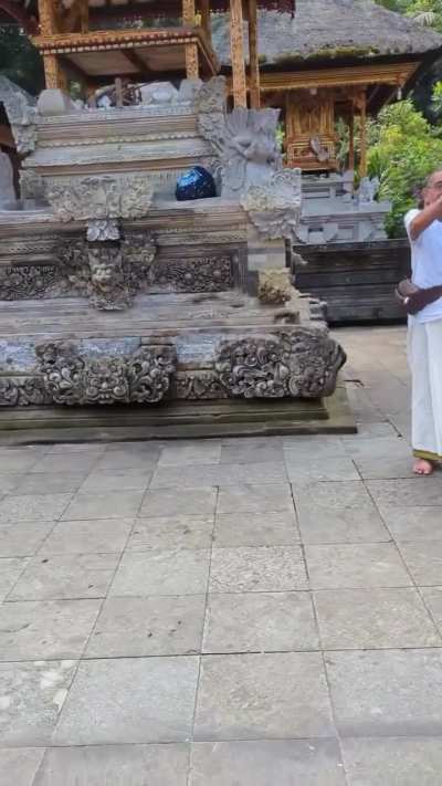 Indian visitor insisted to pray his own way, challenging the temple custom &amp;amp; the temple priest. Pura Tirta Empul, Bali, Indonesia.