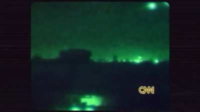 Anti-aircraft fire illuminates the sky of Baghdad while U.S president George H.W Bush addresses the nation, signaling the start of Operation Desert Storm [January 17, 1991]