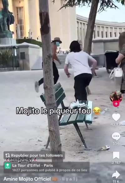 "Influencer" pokes bystanders with syringe.