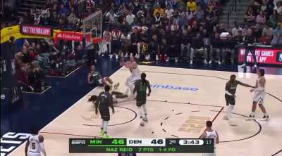 [Highlight] Nikola Jokic pushes Kyle Anderson + charges through Naz Reid for his 3rd foul, Jokic is shocked