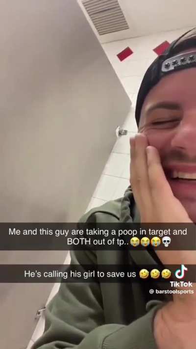 Two random strangers run out of toilet paper, so one of them calls their girlfriend to save the day