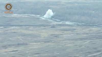 RU pov: Moving UA MT-LB gets destroyed by two ATGMs. Location in the Vesyoloye area, Donetsk region.