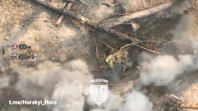Recon Strike Group "Gora" Drops a Grenade on a Russian soldier, lighting him on fire. (Published on May 28, 2024)