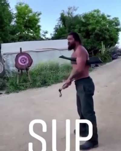 Jason Momoa shows how to nail axe throwing&hellip; even looking back