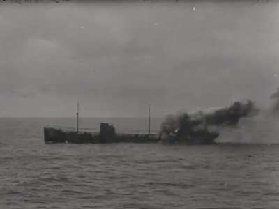 German Scharnhorst-class battleship sinks an Allied merchantman with her secondary battery during Operation Berlin in early 1941
