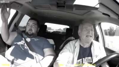Older man almost crashes the car after falling asleep and blames another driver.