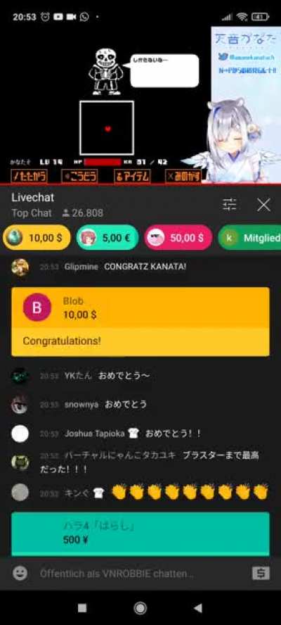 Chat showering Kanata with Superchats after she beats Sans