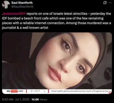 Israeli shows Israeli school being used as military base: "The reserves are using it pretty much as a base." Then goes to a cafe &amp;amp; says, "everybody sitting there was either in the army or a mother with a baby." In 2025, Israel bombed a cafe in Gaza - 