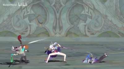 Ayaka demolishing the rest of Aether's "good friends."