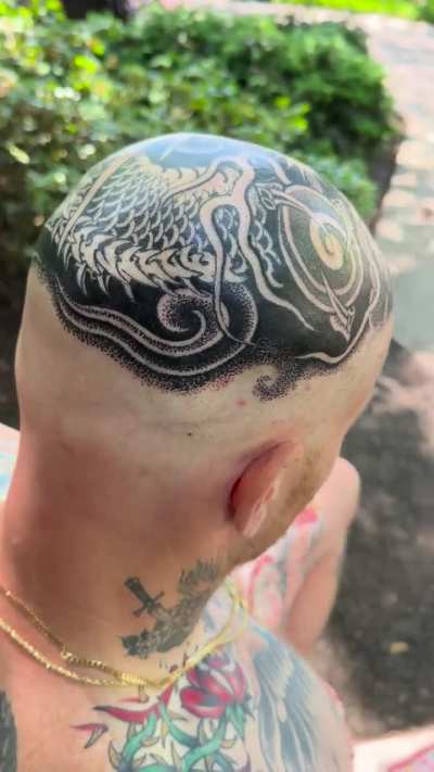Here&rsquo;s a dragon I drew on and tattooed on a human head. Find me @jasontylergrace in Portland, OR