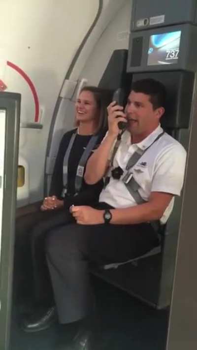 Flight attendant gives instructions using Looney Tunes Character voices