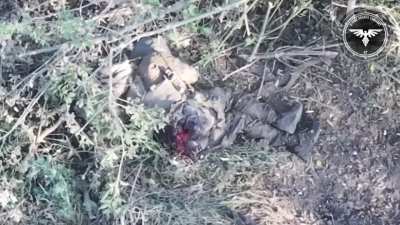 [Extremely graphic] Russian soldier freezes up, then gets hit with an FPV drone which leaves a large wound