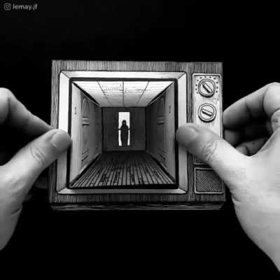 Drawing of 3D room in a TV set