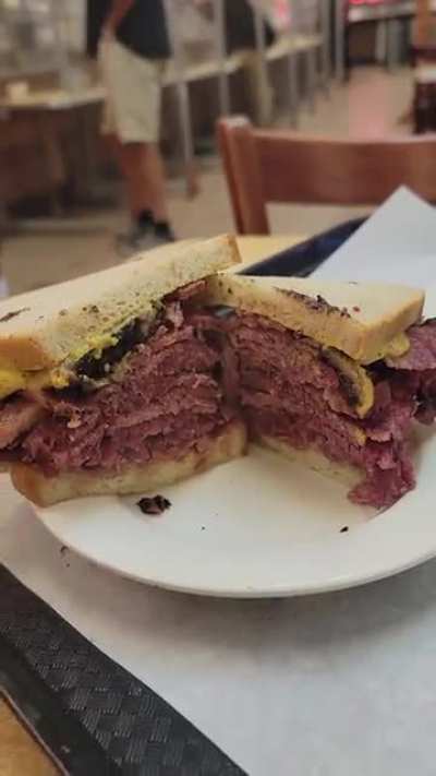 And now for your moment of Zen. Steam rising off of a extra juicy Katz"s deli pastrami on rye NYC.